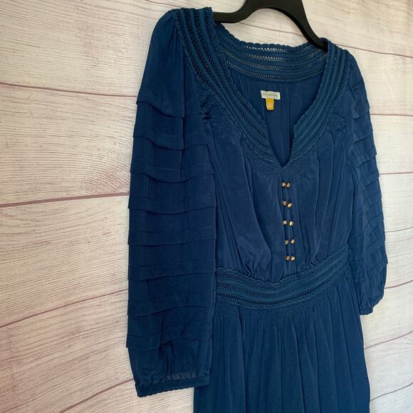 Leifsdottir Blue Dress Gold Beads Tiered Ruffle 3/4 Sleeve Twilight Alice Size 4 - Picture 15 of 16
